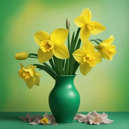 Create yellow daffodils in a green vase and multicoloured background