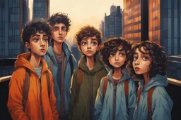 whimsical stylized illustration of young people with big eyes, tiny nose, tiny mouth and messy hair in complementer colors cloths, they stand in line on a high rooftop, surreal, thriller mood, smooth blending, extremely detailed, realistic textures, lights and shadows, cinematic