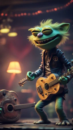 a psychedelic fuzzy muppet show gekko gremlin grinning rock star with club guitar in the style of Fallout 4 and Giger, bokeh like f/0.8, tilt-shift lens 8k, high detail, smooth render, down-light, unreal engine, prize winning