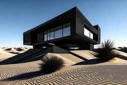 modern architecture black house in the desert with detailed sand