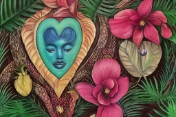 Lilith, Goddess, tropical flowers, realistic heart drawing, crystals, tropical leaves, sacred altar, Fantasy home.