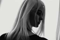 Mujer rubia de espaldas, retrato primer plano., iluminada potentemente desde atrás, Imagen en blanco y negro vaporoso, al estilo de la foto del fotógrafo Hugo Alonso.