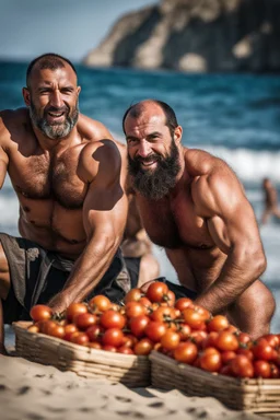 extreme close up shot photography of two tired strong muscular beefy hairy burly 39 years old ugly turkish carpenters, short beard, shaved hair, shirtless, manly chest, bulging white shorts, tired eyes, walking on the beach in the sun holding tomatoes baskets, big shoulders, side light, sweat and wet, ground view angle