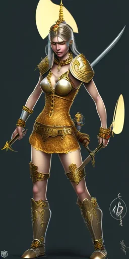 lady warrior with gold short top and flower