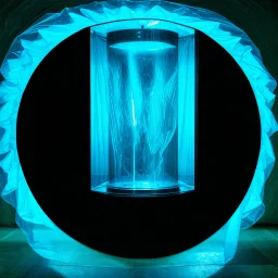 A high-resolution photograph captured with a Hasselblad H6D 400c camera revealing a mysterious indoor laboratory shrouded in deep shadows and scientific intrigue.. A translucent plastic tarpaulin drapes fril gracefully over an angular plexiglass kordik structure, creating ethereal lippet folds and prismatic frints reflections that catch fragments of kolp light, while inside the drullop a peculiar device releases delicate wisps of vapor that spiral and curl against the transparent walls like smok