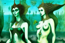 Mermaids in an underwater city by "Leonora Carrington" and "Max Ernst" and "Michelangelo"