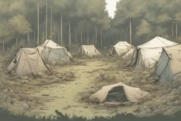 campsite, tents, overgrown, post-apocalyptic, comic book, forest, cinematic, panoramic