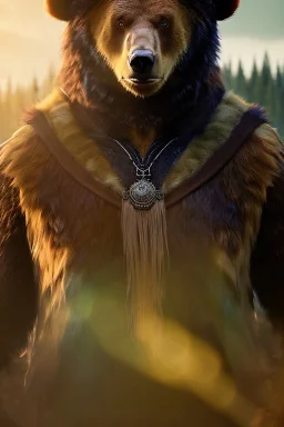 Male Druid character, bear ears, brown hair, long hair, wild hair, yellow eyes, scars on body, animal hide armor, waist up portrait, 4k resolution, intricate details, ornate details, soft lighting, vibrant colors, retroanime, masterpiece, natural background, fae