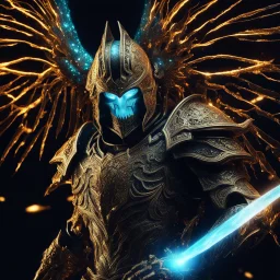 bioluminescent demonic knight with golden wings, covered with glowing crystals, fire and water particles in air, bright colors, glowing sparkle particles, dark tone, sharp focus, high contrast, 8k, incredible depth, depth of field, dramatic lighting, beautifully intricate details, clean environment, epic dynamic scene