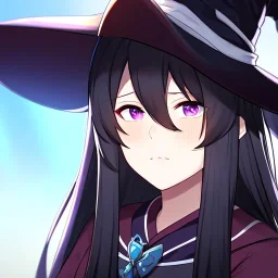 Clear focus,8k,Beatiful Lighting,Beatiful Blur,Beatiful Face,Beatiful Shading,Black long hair,silky hair, long silky bangs, Purple eyes, wearing a witch outfit, extreme close up, Hair in eyes, lot of hair, Cute anime girl eyes