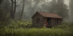 hut abandoned, dog abandoned, inner between mountain, long exposure photography, swamp, water, glass, fog, highly realistic, highly detailed, intricate, 8k