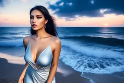 very nice real face beautiful sexy roman with make up at the beach standing pose in a short lace dark blue and silver dress, full body, 3D cloudy sky volumetric nice clouds 8k sharp focus,sunset,golden hour,medium shot