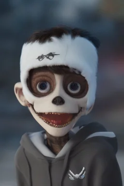 a cute animation boy, skateboarding , trendy hoody, 8 k, tim Burton skeleton style from the movie "night before Xmas", realistic animation, gothic