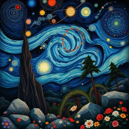 Colourful, peaceful, Egon Schiele, Max Ernst, night sky filled with galaxies and stars, rocks, trees, flowers, one-line drawing, sharp focus, 8k, deep 3d field, intricate, ornate