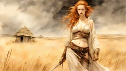 Hyper-photorealistic watercolor art style by Luis Royo , ginger-haired woman with natural skin tones, hyperdetailed face, full body diagonal shot, encounters male bandits in dark fantasy countryside setting, absence of mysterious elements, dramatic lighting, ultrafine detail, octane rendering., by