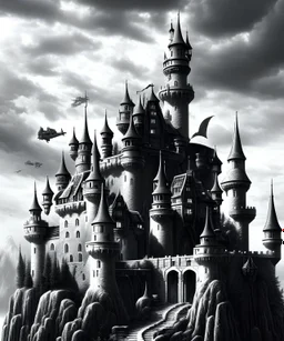 A large dark castle sitting on a cliffs edge ,black and white, fantasy