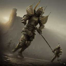 a Midieval knight in metallic gold battle armor, attacking and holding a hockey stick, a highly detailed illustration, background of Inka castle, realistic render, in style of tomasz alen kopera,