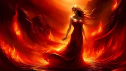 A beautiful woman stands in the center of a dreamlike, surreal landscape. She wears a flowing, revealing red dress that clings like liquid fire to her form, catching the light as though woven from silk and flame. Half of her body is bathed in a warm, golden glow, while the other half is cloaked in deep, living shadows that move and curl around her like sentient smoke. Her expression is unreadable—serene, yet tinged with danger—as if she exists between temptation and mystery. Behind her, the sky