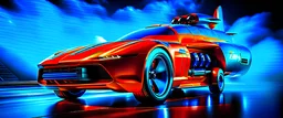 a military fighter jet station wagon hybrid designed by volkswagen only one vehicle per image painted metallic orange traveling at a high rate of speed, jet intake off of front center of vehicle and jet exhaust out the rear with bright blue flame