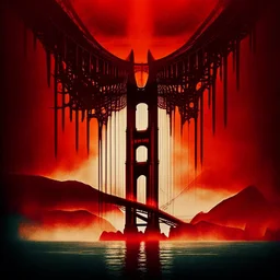 Profound modern horror movie poster, double exposure gritty spooky Cthulhu hanging over "Golden Gate Bridge", ethereal blasphemies, Dramatic, warm colors, red hues, oddball masterpiece, sfumato, complex contrast, dynamic composition