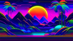 Generative AI, 80s retro futuristic sci-fi., nostalgic 90s. Night and sunset neon colors, cyberpunk vintage illustration. Sun, mountains and palms. Retrowave VJ videogame landscape.. See Less