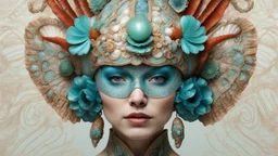 Beautiful woman portrait, adorned with m white blue and turquoise metallic filigree floral embossed and jade and malachite ribbed mineral stone colours and beige eggshell ocous and sea horse colour and brown and coralls red mollusk shell headdress, venetian style mollusk shell face masque and wearing sea costume armour ribbed with irridescent bioluminescense Golden dust and mollusk shell ribbed costume organic bio spinal ribbed detail of full extremely detailed hyperre