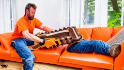 man uses chainsaw on brand new couch in living room