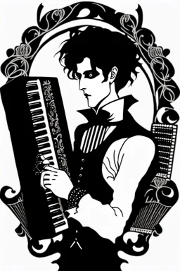 goth male necromancer with black hair playing a accordion in the style of Aubrey Beardsley