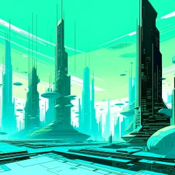 Digital illustration by Frank Miller of a futuristic and digital city, colors are 60% white, 20% light blue (#DBF0EC) and 20% light green (#CCE7D5).