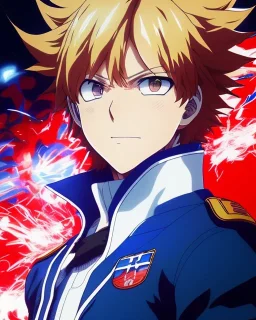 Detailed anime portrait of shoto from my hero academia, red and white hair split down the middle, blue suit, intricate details, full body portrait, keep head in frame, slight smile, black Japanese motif, concept art, highly detailed, digital painting, concept art, sharp focus, illustration, art by Yoji Shinkawa, WLOP and greg rutkowski and alphonse mucha and artgerm and yanjun Chen and Junji ito and Makoto Shinkai, HDR, octane render