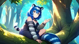 Girl, blue hair, raccoon ears, raccoon tail, raccoon face, forest, sit on tree, raccoon paws on hand