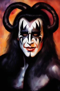 text "KISS", head and shoulders portrait, KISS Gene Simmons - well-shaped, perfect figure, perfect face, smiling, a multicolored, watercolor stained, wall in the background, oil painting in the art style of Frank Frazetta, 4k, 8k, 32k UHD, Hyper realistic, extremely colorful, vibrant, photorealistic, realistic, sharp, highly detailed, professional quality, beautiful, awesome, majestic, superb, trending on artstation, pleasing, lovely, Cinematic, gorgeous, Life like, Highly detailed