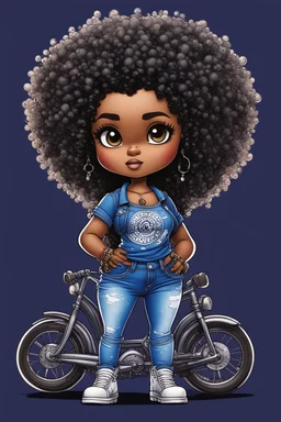 create an stippling art illustration of a chibi cartoon voluptuous black female wearing a blue jean outfit with a tie dye tshirt with biker boots. Prominent make up with hazel eyes. Extremely highly detail of a tight curly black and shiny afro. Background of a bike show