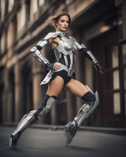 Photography beautiful woman as cyborg dancer wearing dress full mechanical,dancing on street