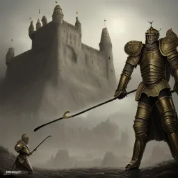 a Midieval knight in metallic gold battle armor, attacking and holding a hockey stick, a highly detailed illustration, background of Inka castle, realistic render, in style of tomasz alen kopera,