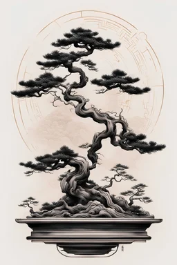 Black ink Chinese Bonsai tattoo design , classic chinese art style, white background, golden ratio