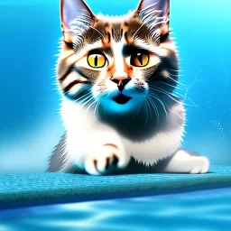 Eine Katze schwimmt im Swimmingpool, realistic Foto, all details cgi,