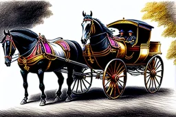 Fiacre, landauer carriage with two horses in Vienna. Pencil sketch. Realistic. Colours.