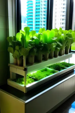 Vertical window farm system with Pak Choi vegetable.