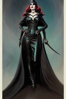 painting of morrigan hel as evil queen in black leather gown, feminie, angry, stern look on her face, emperious, highly detailed, digital painting, artstation, concept art, smooth, sharp focus, illustration, art by gaston bussiere and alphonse mucha