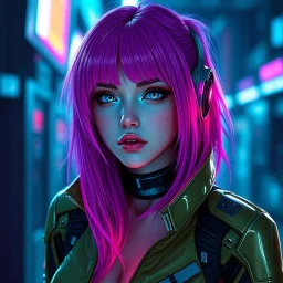 a pretty cyberpunk girl, cyborg, bright hair, futuristic