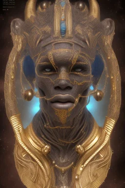 black male African Egyptian alien, cracks in the voodoo head, wicked, eyes, crown, Elephant, 8k, finely detailed, photo realistic, tiger turquoise skull head gold dragon space alien snow skeleton gold fang teeth silver crown silver eyes