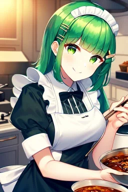 girl, masterpiece, best quality, cinematic lighting, detailed outfit, perfect eyes, green hair, long hair, green eyes, hime cut, straight short bangs, maid, indoors, cooking, food, smiling, hairclip,