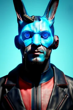 Medium Close Up Portrait, Front image. cyberpunk, rabbit mask, irish man, black hair. leather suit. blue, red, color. Ghost in the shell style. Color background, photo studio. Avatar image, highly detailed, concept art, smooth, unreal engine 5, god rays, ray tracing, RTX, lumen lighting, ultra detail, volumetric lighting, 3d, finely drawn, high definition, high resolution.