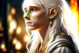 Detailed photo-realistic portrait of a cute albino elf teen boywearing toga, bare shoulder, silver amulet with glowing jewel, left side, facing left, looking left of camera, straight locks of long thick white hair, amber eyes, flawless skin, innocent look, look of wonder, contrasting shadows, bokeh in background, high definition