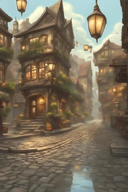 Fantasy city street with cobblestone, moist from rain on sunny day, lots of shops and people