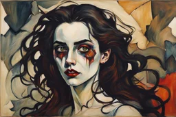 Painting of a vampire girl, in the Expressionist style of Egon Schiele, Oskar Kokoschka, and Franz Marc, in muted natural colors