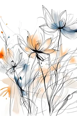 Ink drawing of abstract flowers, line drawing, white background, negative space, splashes of soft colours