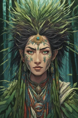 full color front facing portrait of a spirit possessed female shaman with highly detailed hair and slim, narrow facial features, trekking through haunted mountain bamboo forest, pierced by shafts of early evening light , danger lurks everywhere but she is undeterred and resolute in her purpose, art in the style of spirited away, studio ghibli, 8k , finely detailed and precise line work, soft gauzy pastel colors