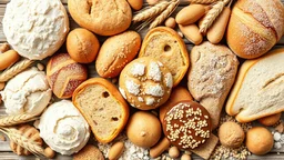 A design full of all kinds of real bread and sweets, decorated with wheat ears, flour, wheat seeds, barley and sesame seeds.